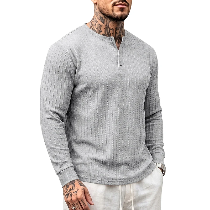 Men's Single-Piece American-Style Heavy Jacquard Vertical Cable Knit Henley Long-Sleeve Everyday Casual Commuter Pullover