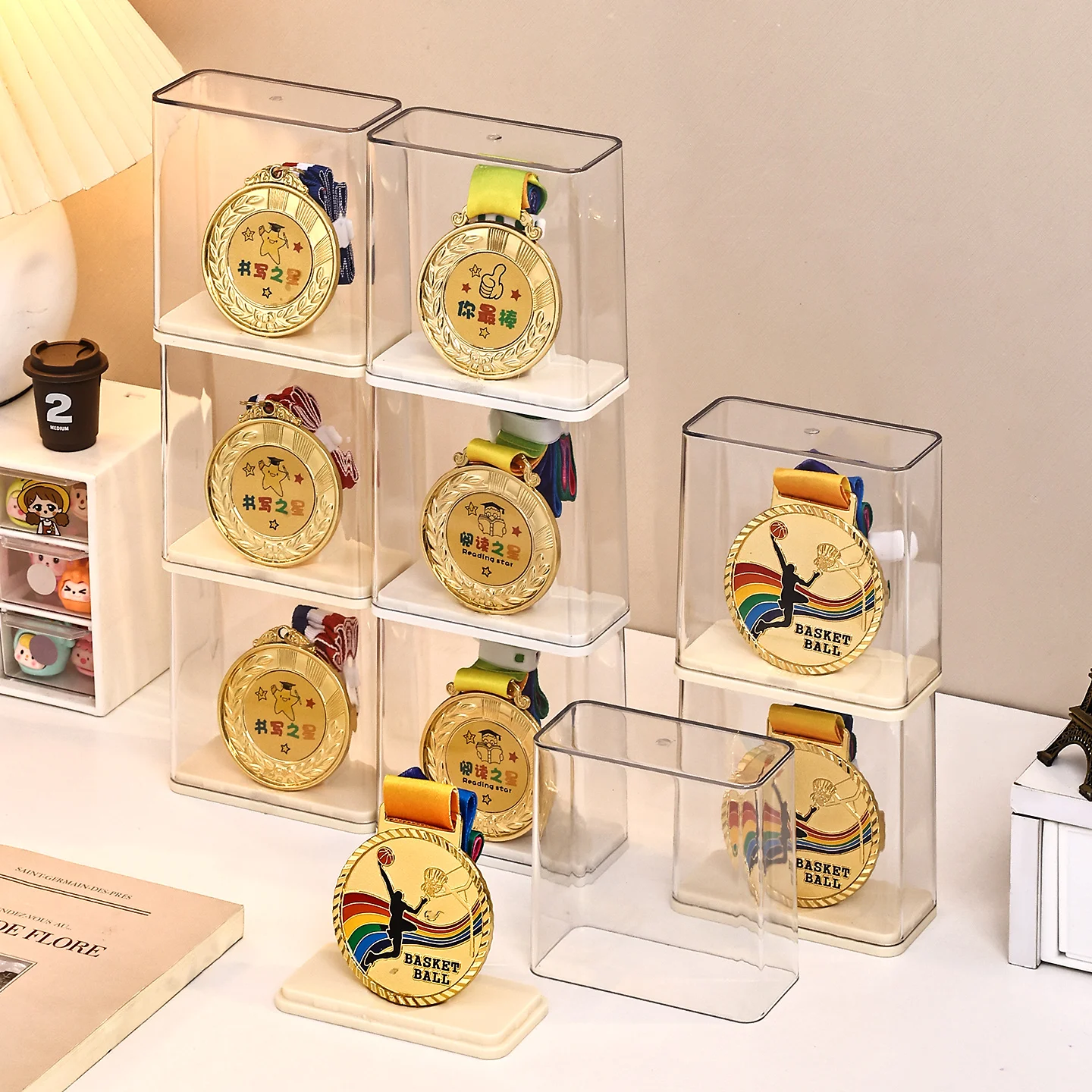 1pc Multi-Functional Medal Individual Display Box, Stackable Tabletop Transparent Plastic Visible Rectangular Storage Box