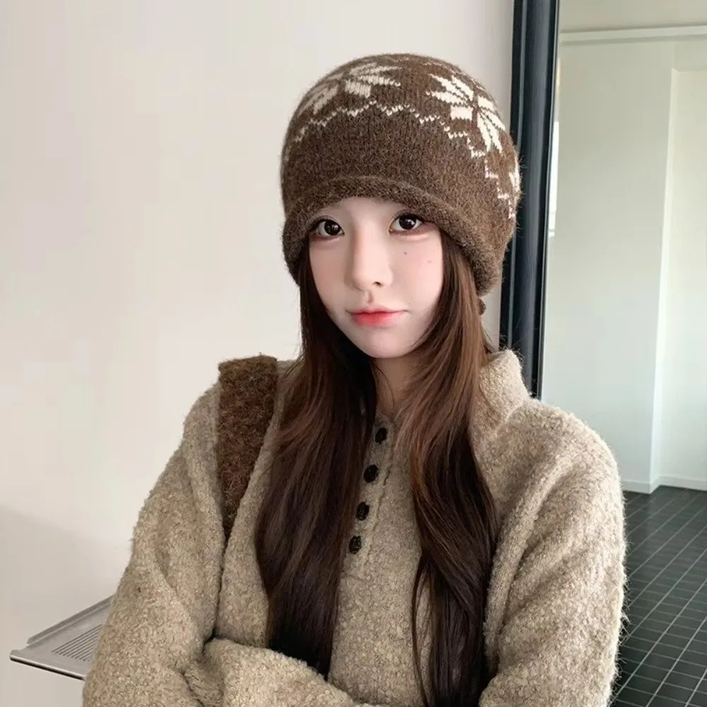 Snowflake Knitted Beanie Hat Wool Drawstring Jacquard Knitted Hat Fair Isle Style Keep Warm Warm Knitted Cap Outdoor Activities