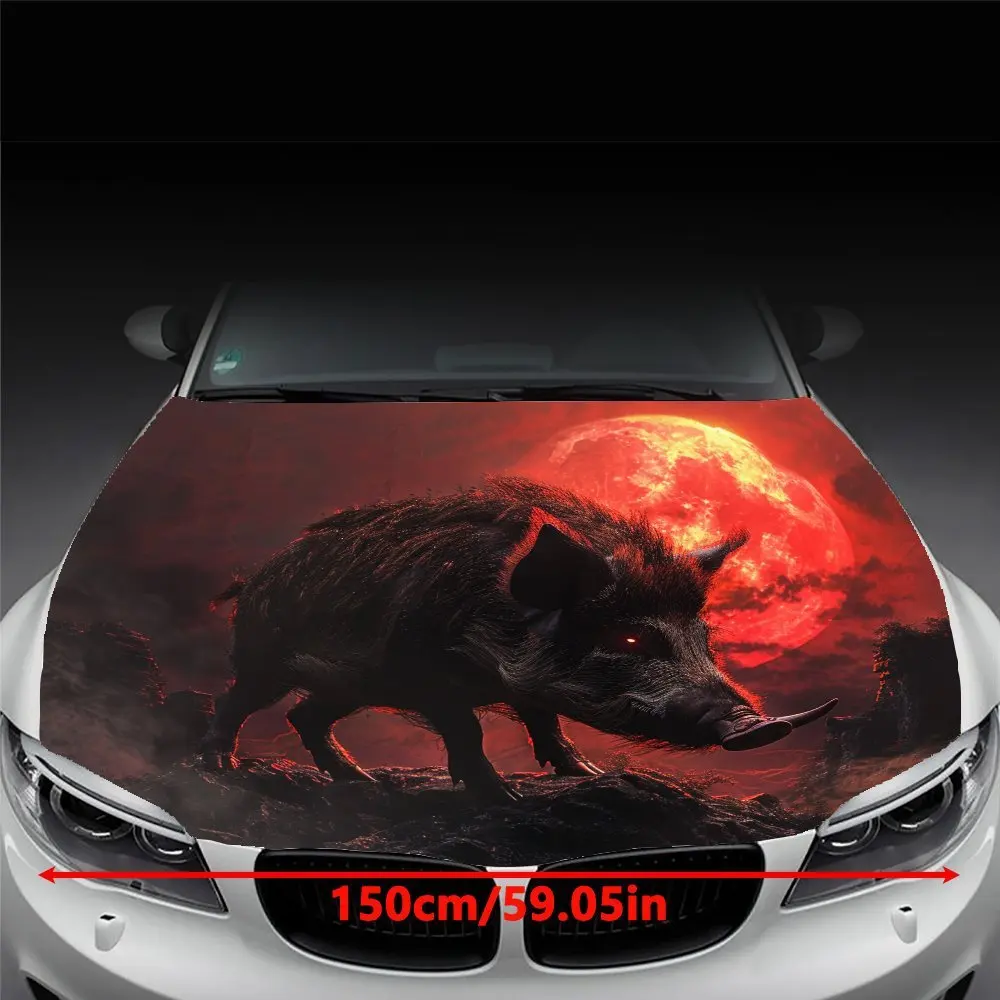 A Ferocious Wild Boar Under The Red Full Moon Car Vinyl Wrap - PVC Material, Mysterious Pattern Decal For Car Bonnet, Car Decals