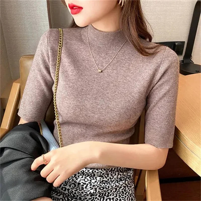 2024 Spring Summer Womens Sweater Short Sleeve Turtleneck Slim Fit Knitted Pullovers Bottoming Casual Knitwear Camel Clothes