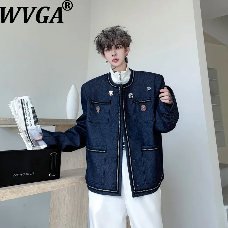 

WVGA Spring Autumn New Men Tide O-Neck Ribbon Patchwork Metal Decoration Trendy Jacket Niche Chic Casual Long Sleeve Coat W18592