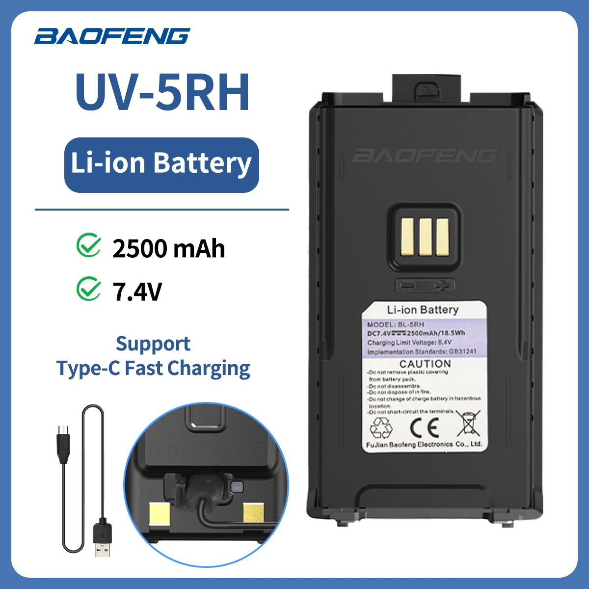 Baofeng Original UV-5RH Li-ion Battery Type-C 2500mAh 7.4V UV-5RM Walkie Talkie High Capacity Two Way Radio Rechargable Battery