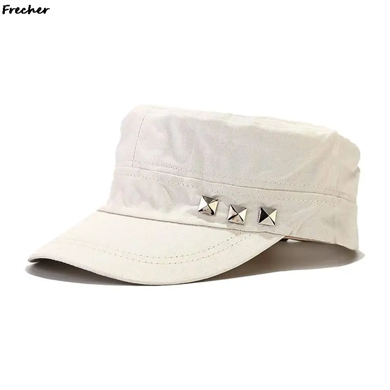 Breathable Cotton Flat Top Visor Caps Rivets Decoration Casual Outdoor Cap Women Men Hiking Hunting Sun Hat Cosplay Uniform Hats