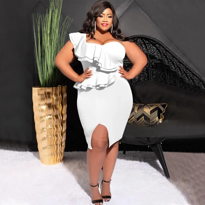 Plus Size Women Ruffles Shoulder Sleeveless Bodycon Midi Dress 2026 Fashion INS Curve Sexy Party Club Dresses Vestidos