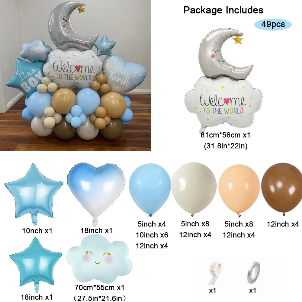 49pcs Baby Shower Balloons Decoration Cloud Moon Blue Baby Boy Gender Reveal Decoration Welcome to the World Holiday Supplies