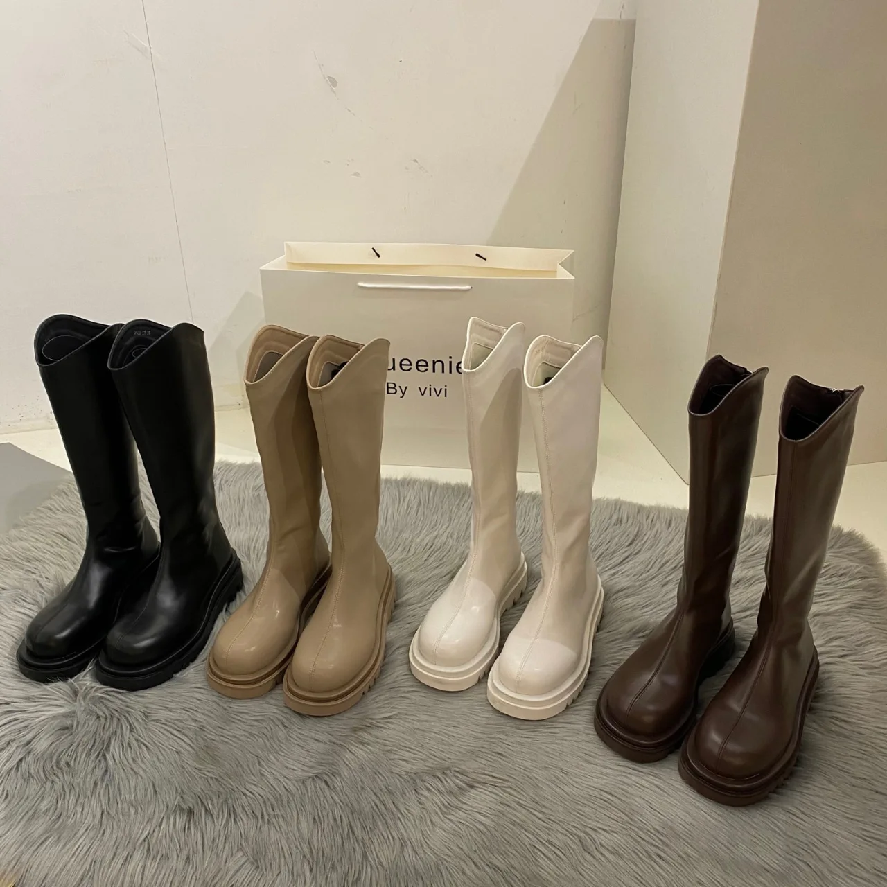 

White Thick-soled But Knee Long Boots Women's Shoes 2021 New Autumn and Winter Plus Velvet High-tube Thick-legged Knight Boots