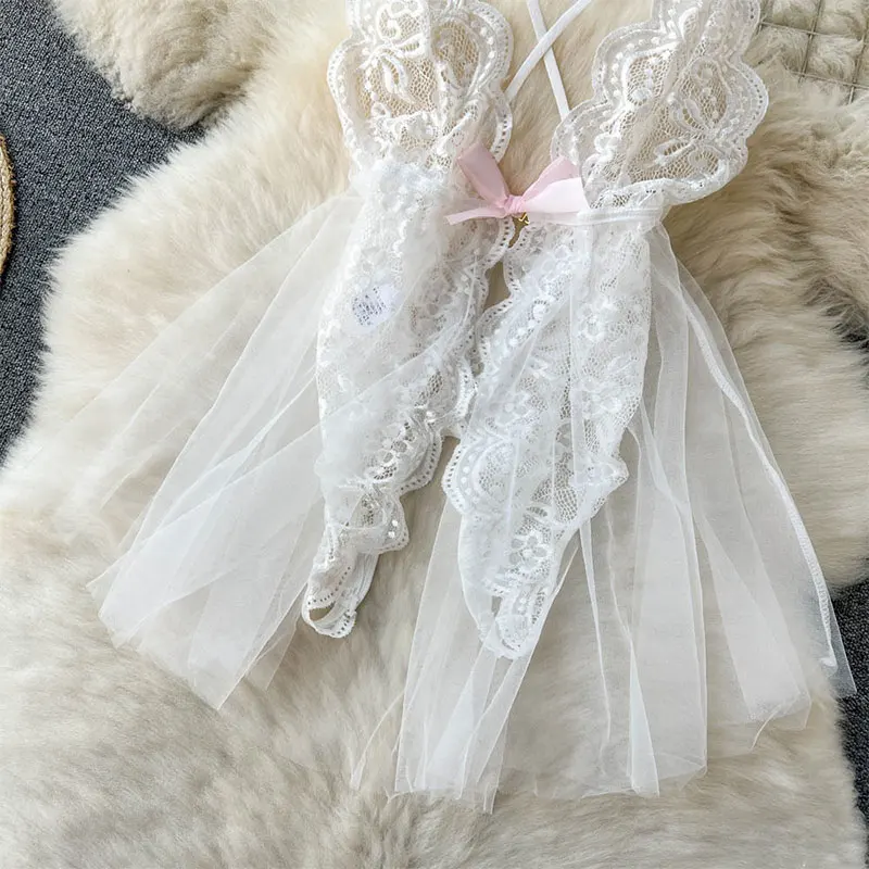 Lencería de corte bajo ajustada de malla transparente, minivestido Sexy, conjunto de lencería caliente, mono erótico sin entrepierna para adultos, conjunto de lencería con Tanga