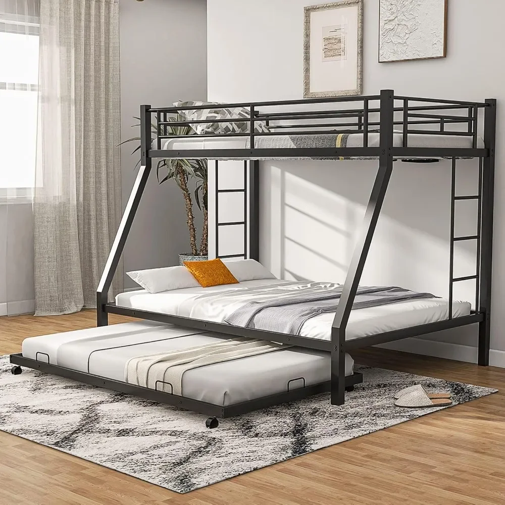 Twin Over Full Bunk Bed with Trundle, Wo Side Ladders & Safety Guard Rail, No Box Spring Needed 3 in 1 Bunk Beds