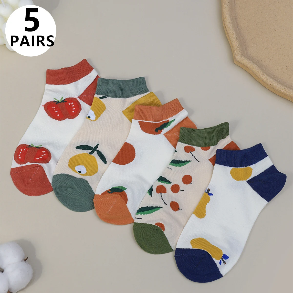 

5 Pairs Women's Fruit Pattern Ankle Socks, Tangerine Pear Cherry Grapefruit Tomato Cartoon Cute Socks, Spring Summer Short Sock