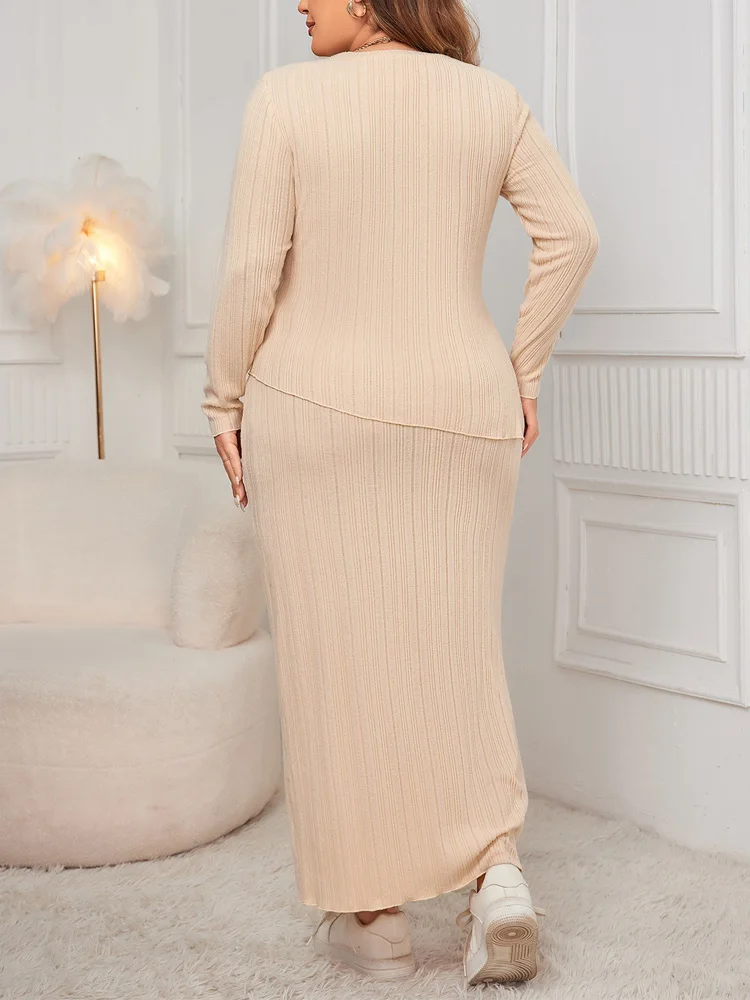 GIBSIE Plus Size Autumn Women Two Piece Set Solid V-neck Long Sleeve Split Tops Elegant Office Ladies Bodycon Maxi Long Skirts