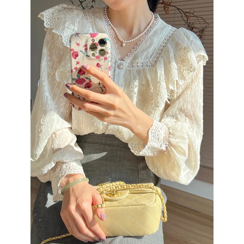 Vintage French Shirts Women Elegant Lace Long Sleeve Flounce Blouse Female Sweet High Quality Office Lady Fashion Tops Mujer New