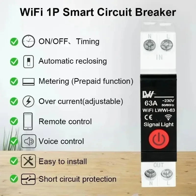 Tuya Wifi 63A Smart Circuit Breaker Power Metering Smart Power Monitor Timed Relay Circuit Breaker Electricity Meter Switch image 6