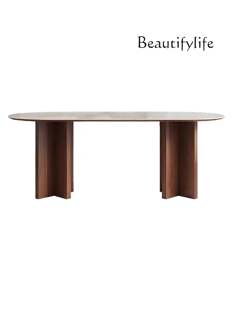 

Stone Plate Dining Table Household Solid Wood Small Apartment Modern Simple and Light Luxury Cream Style Tea Table