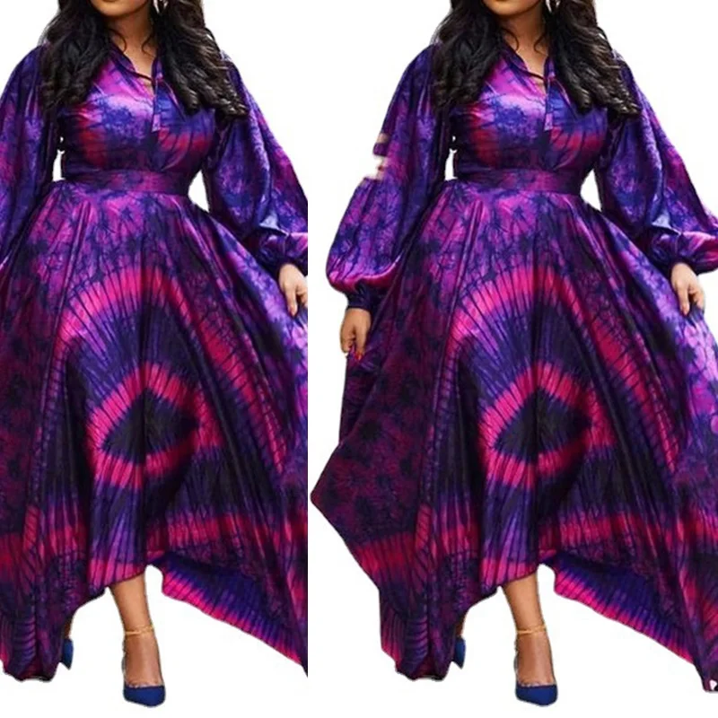 Purple Elegant Dresses For Women High Waist Loose Print 2022  Spring Plus Size Long Dress Evening Vintage Puff Sleeve Wholesale