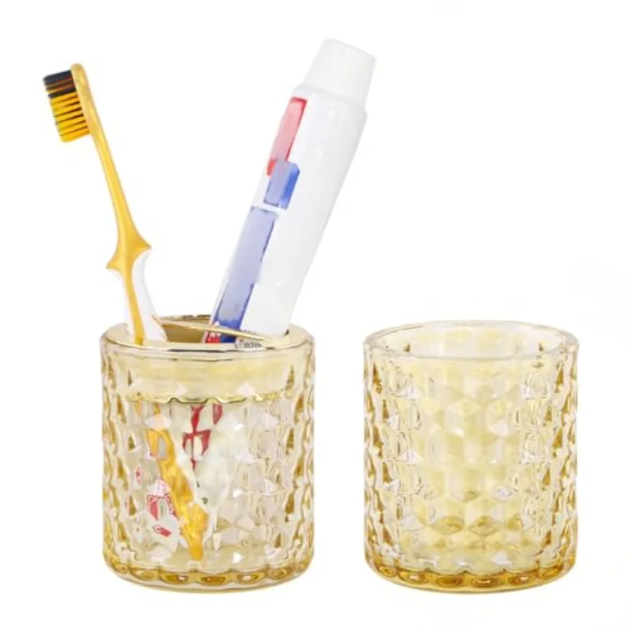 2pcs Amber Glass Toothbrush Holder, Bathroom Tumbler Cup and Toothpaste Holder Set, Gold Toothbrush Holders with Divider, Bathr
