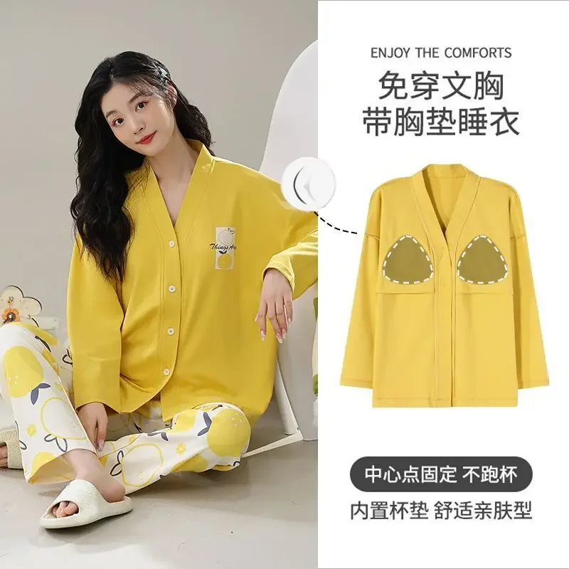 

Pajamas for Women Spring and Autumn New Pijama Mujer with Chest Pads 100% Cotton Long Sleeves Cute Cartoon Loungewear