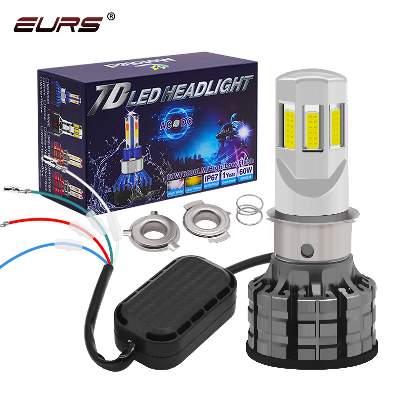 EURS 60W H4 6000K Motorcycle LED Headlight Bulb HS1 BA20D P15D H6M 6000LM For Motorbike 6COB Scooter bulb Flash Accessories