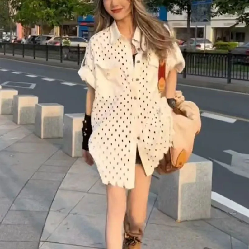 

Summer Thin Solid Color All-match Polo-Neck Short Sleeve Female Clothing Pockets Spliced Shirt Commute Fashion Hollow Out Blouse