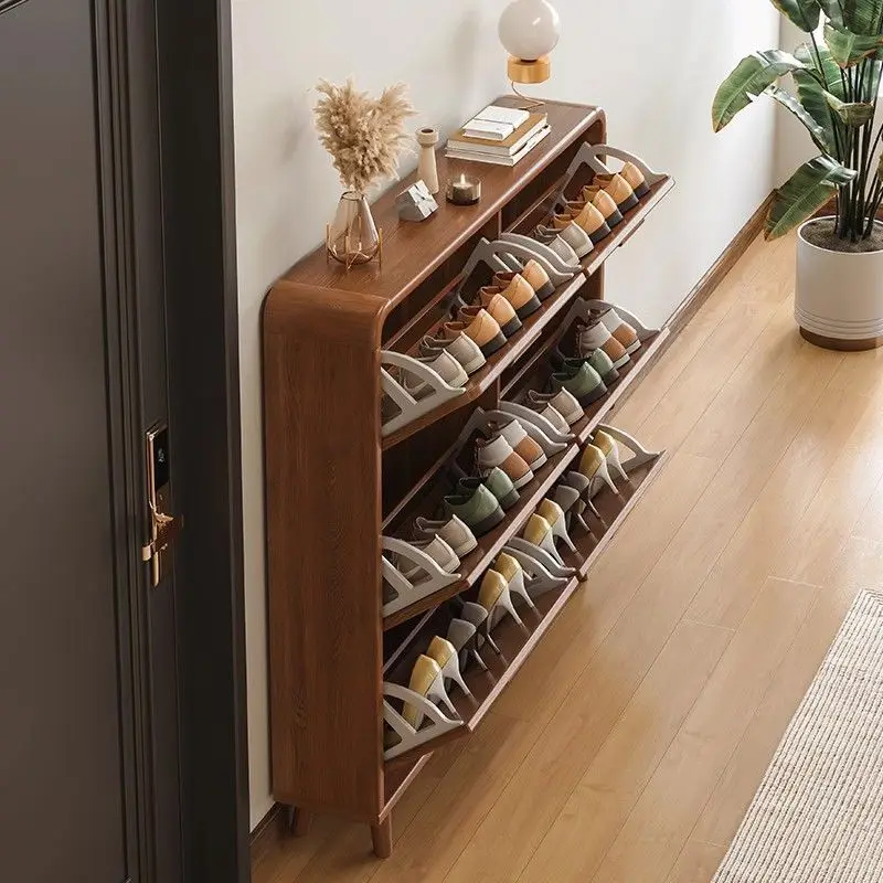 A simple and ultra-thin shoe cabinet at the entrance of the entrance to the household, with a solid wood leg flip bucket