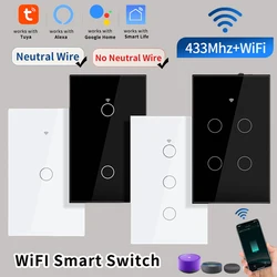 Tuya WiFi Smart Home Light Switch RF433 Neutral Wire/No Neutral Wire Required US Wall Touch Switches Support Alexa Google Home