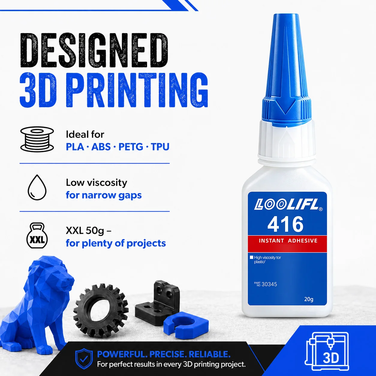 Loolifl 416 Instant Adhesive Is Specially Designed for 3D Printing, with Low Viscosity to Fit Fine Narrow Gaps, for Repairing and Bonding Figurines, Toys, and Models, Suitable for 3D Printed Models Made from Pla, Abs,