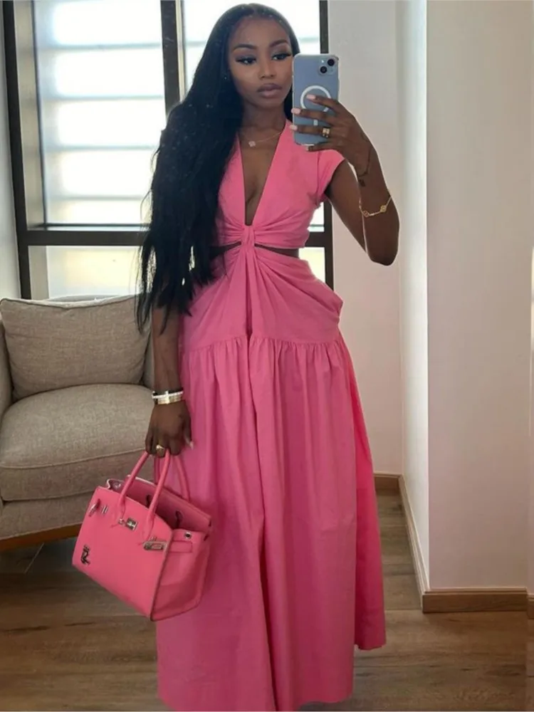 

Sexy Dresses Solid Color Women's V-neck Hollow Waist Twisted A-line High Waist Robe Summer Party Prom Nightclub Club Vestidos