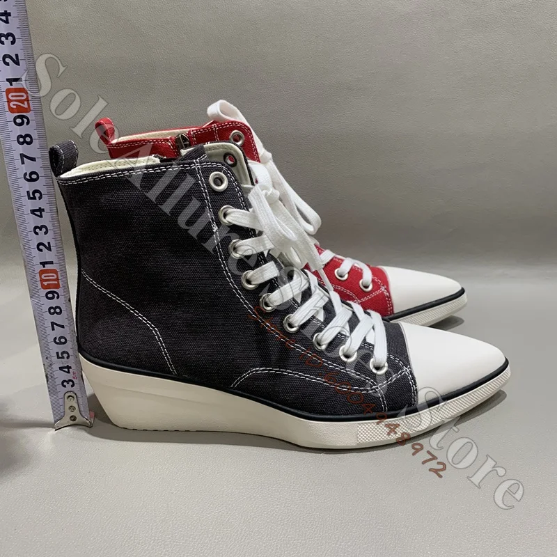 Black Canvas Pointed Toe High Top Sneakers Women Inner Side Zipper White Contrast Stitching Wedge Hidden Heel Casual Shoes