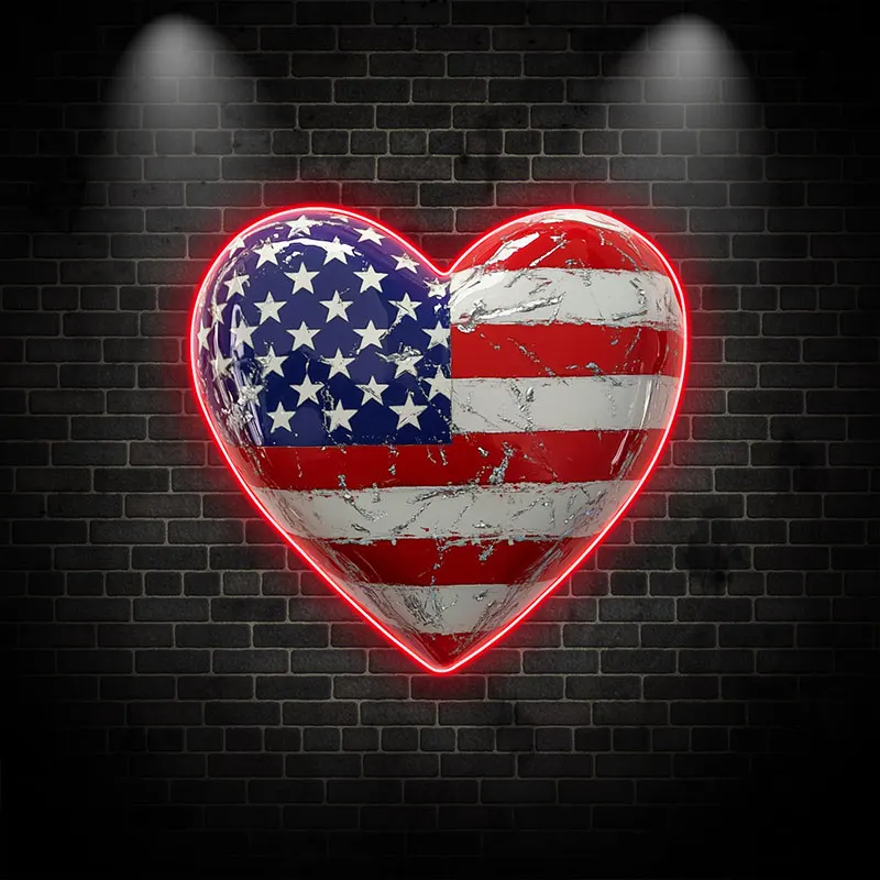 Heart-Shaped American Flag Neon Light – Patriotic LED Wall Sign for USA Home Décor, Independence Day, Vintage Flag Art, Red Neon