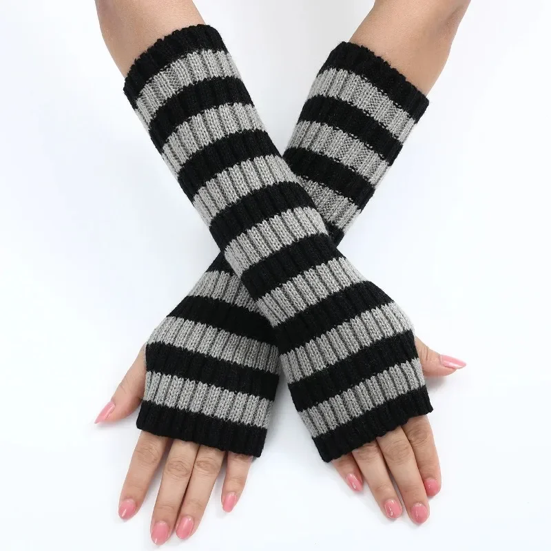 30cm Knitted Arm Warm Gloves Goth Arm Warmers Half Finger Long Wrist Gloves False Sleeves Stripe Elbow Mittens Autumn Winter