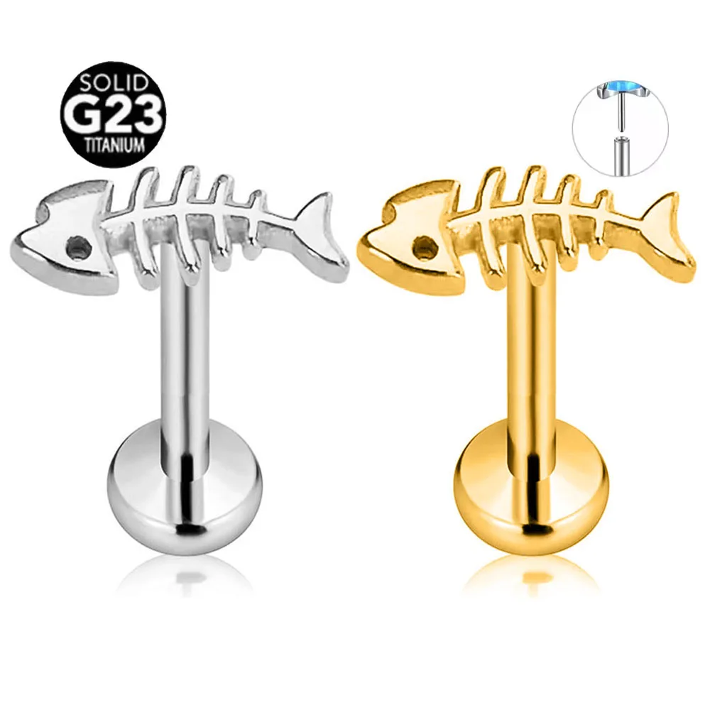 ASTM F136 G23 Titanium Fish Bone Threadless Piercing Pin Push in Lip Stud Daith Conch Tragus Flat Back Earring 16G 18G 20G