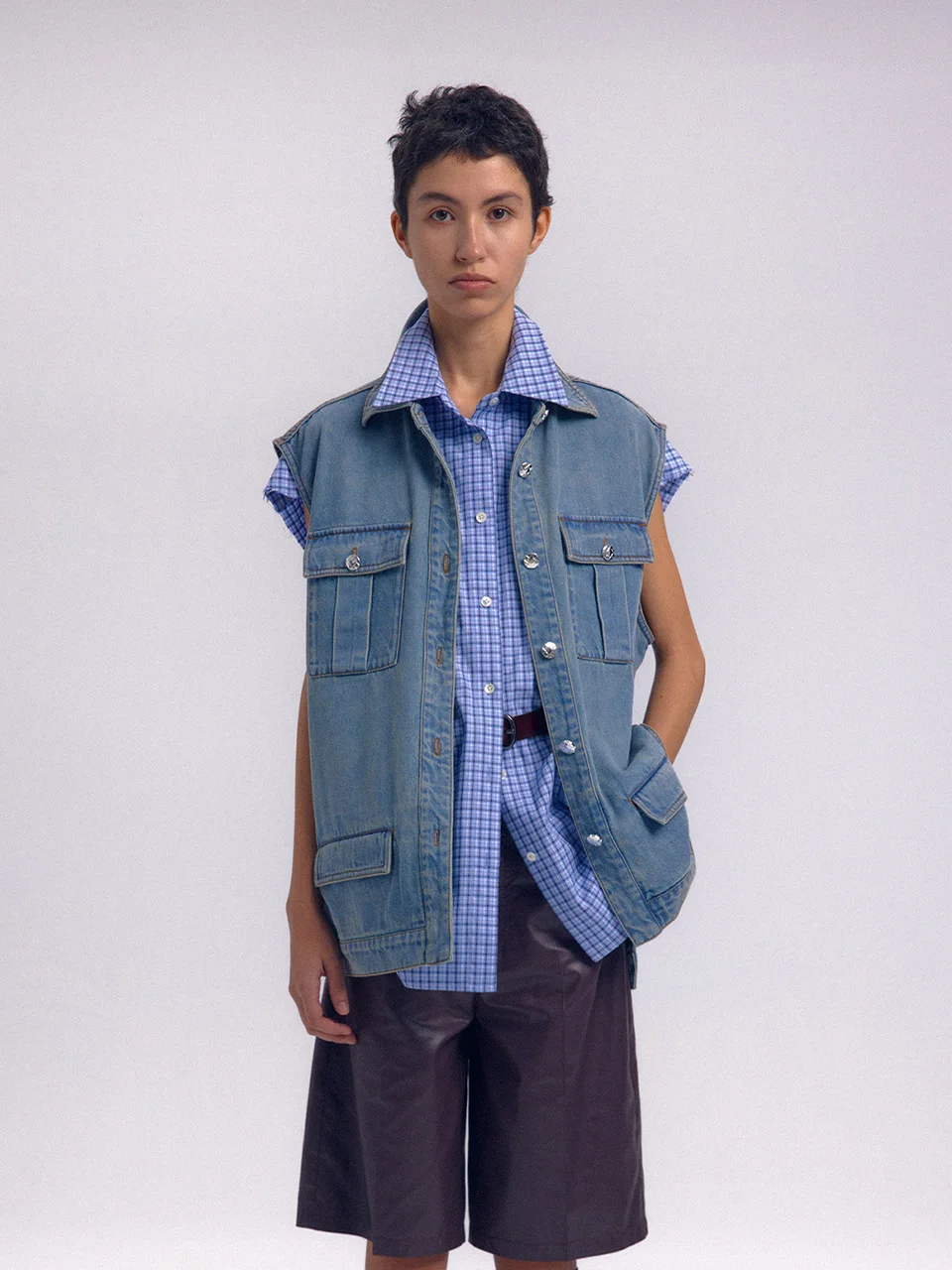 

Brand Plaid irt Vest 5SUITTITUDE Original Design Cotton No Sve Straight Cut Spring Collection Ladies irt
