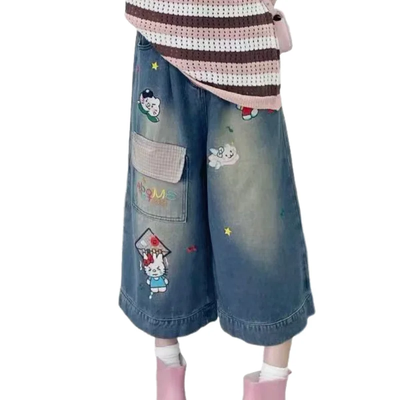 

Джинсы Sanrio Kawaii Kuromi, летние новые стильные укороченные шорты с героями мультфильмов, свободные повседневные удобные универсальные дышащие подарки на день рождения