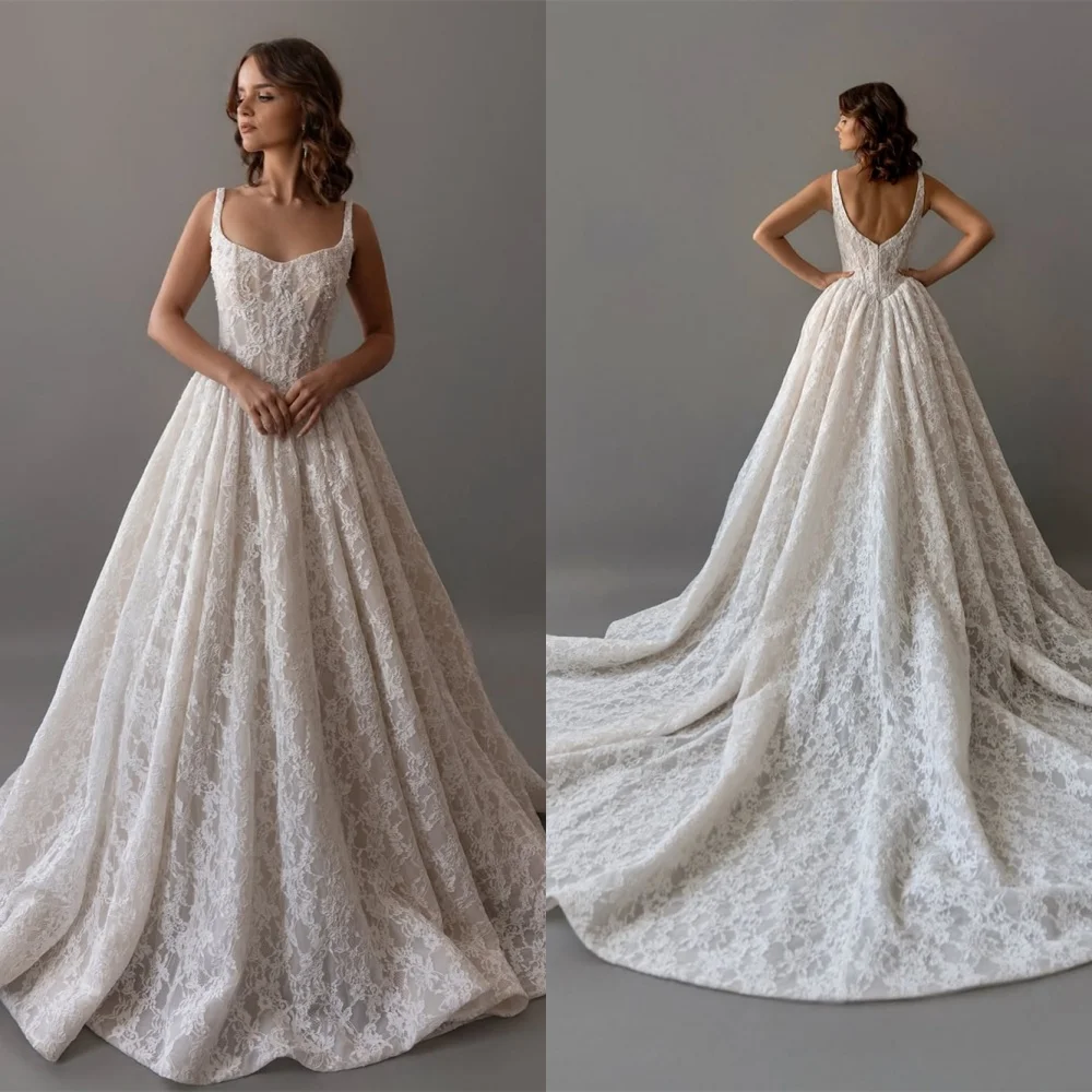 

Customized Exquisite White Tulle Bridal Gowns Elegant Strapless Spaghetti Straps Wedding Dress Chapel Train Zipper Back Dress