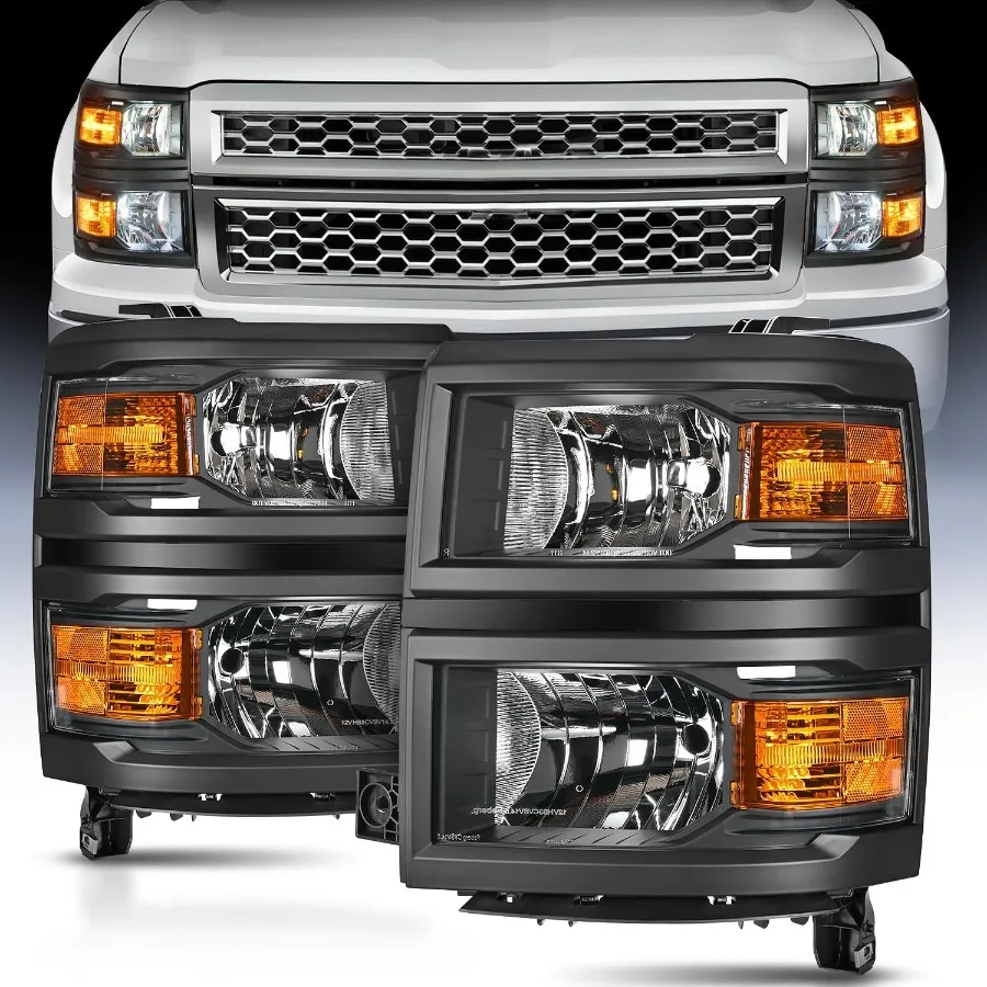 Headlight Assembly Compatible with 2014 2015 Chevy Silverado 1500 Pickup Truck Replacement Headlamp Black Housing Amber Reflect