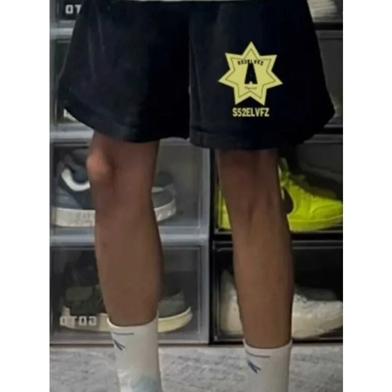 

Новинка 2025 года, шорты на шнурке с буквенным принтом, мужские летние повседневные свободные брюки прямого кроя, хлопковые дышащие черные универсальные брюки