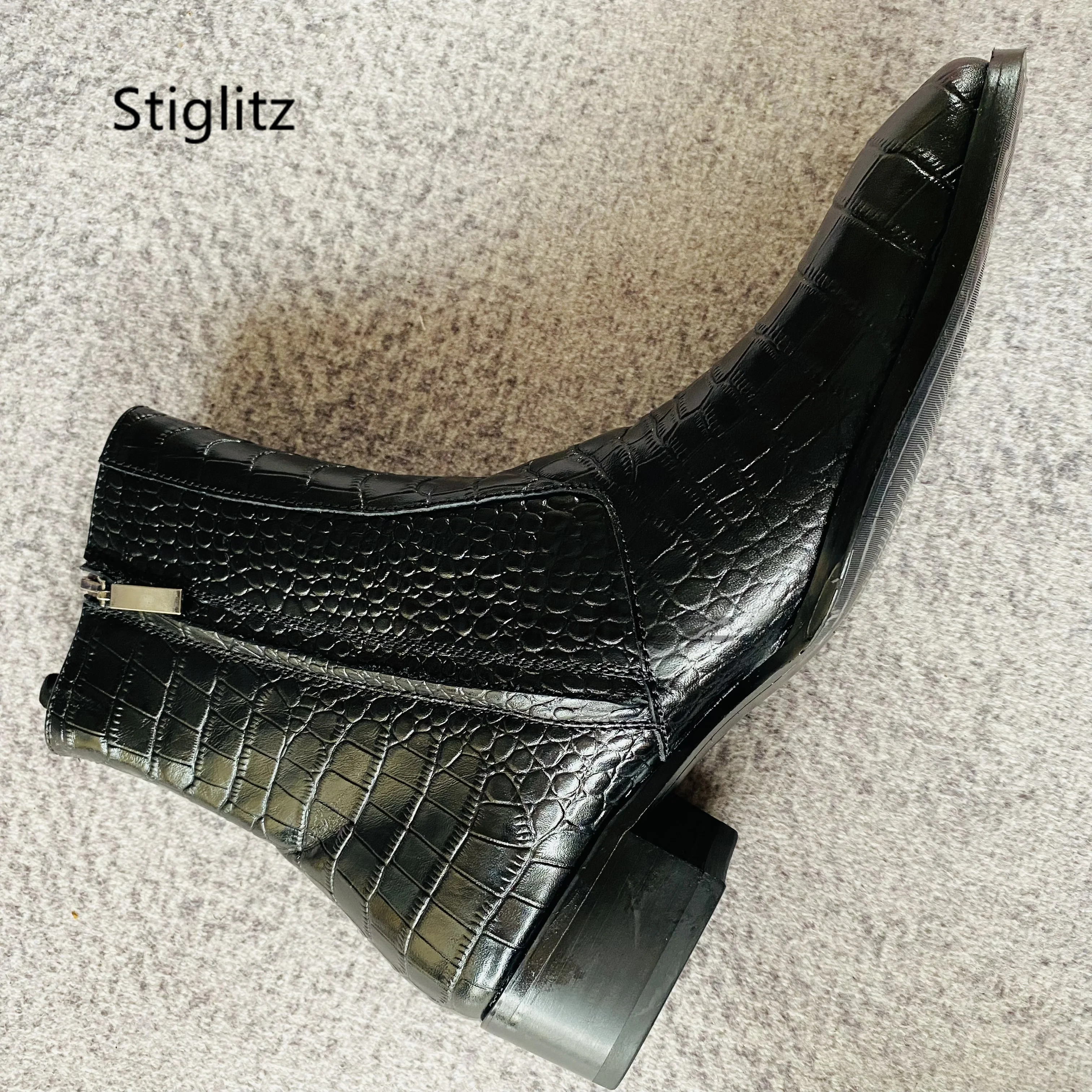 Alligator Leather Ankle Boots for Men Genuine Leather Zip Pointed Toe Thick Heel Black Chelsea Boots Business Dress Male Shoes - view 2