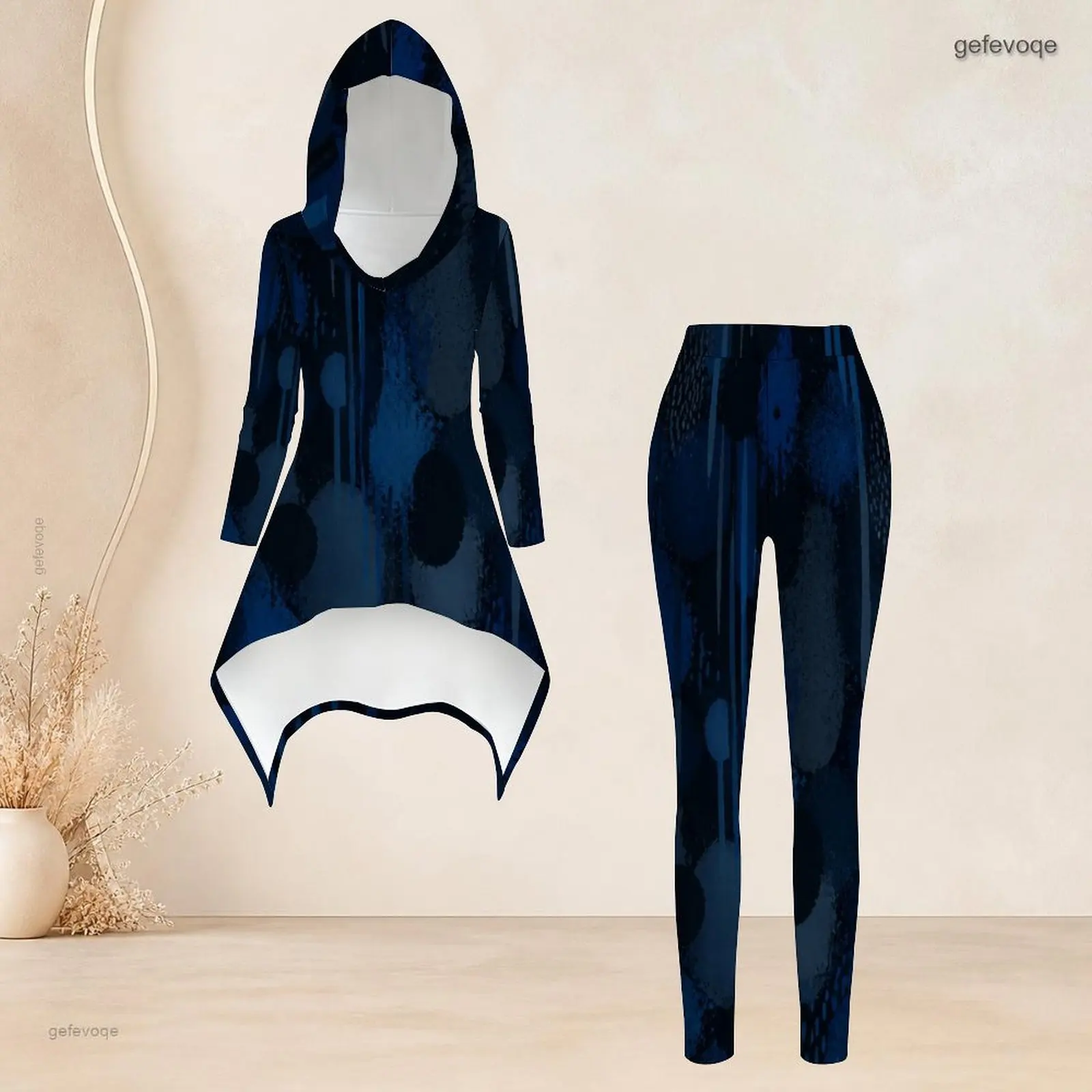Women Abstract Blue Gold Printed Hooded Long Sleeve High Low Top Fitted Pants Two Piece Set view 5