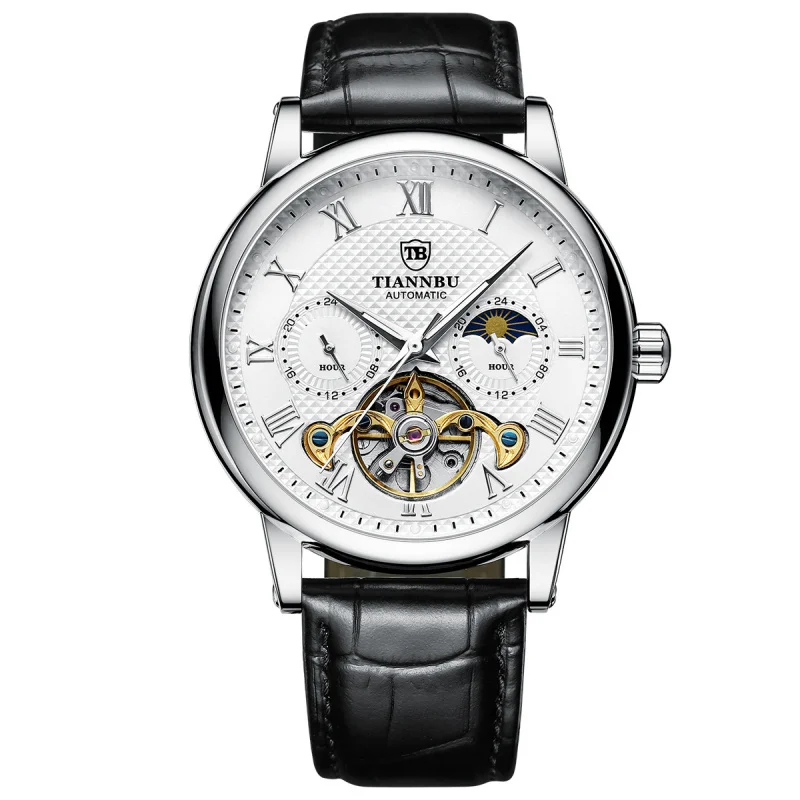 Automatic Mechanical Men's Watch with Luminous Hand Leather Band Waterproof Fashion and Sporty Style Sun Pattern High Quality