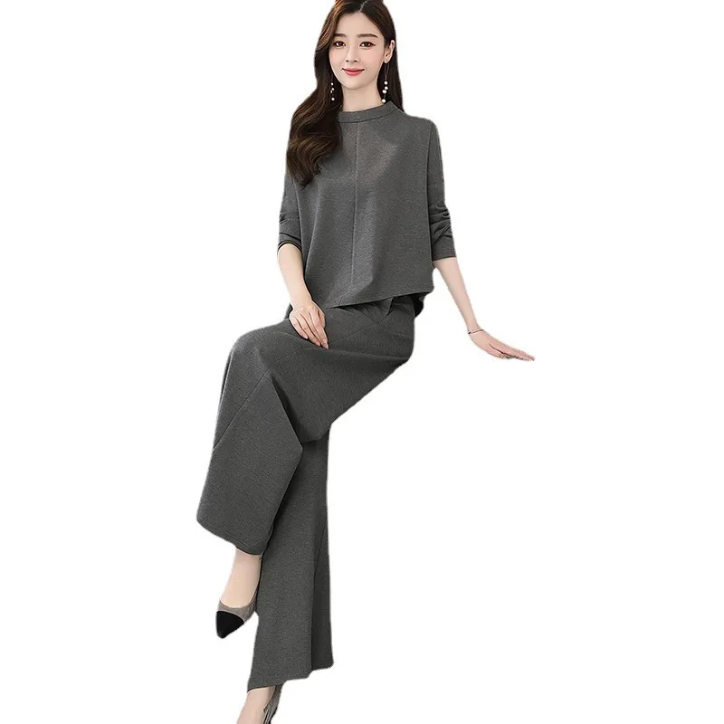 Women Tracksuit Two Pieces Set O Neck Long Sleeve Tops Wide Leg Pants Pockets Casual Warm Solid Winter Spliced Slight Strech