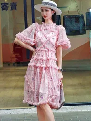 SMTHMA High-Quality New Fashion Embroidered Ruffle Summer Dress Women Light Luxury Short Sleeve Temperament  Flower Dress