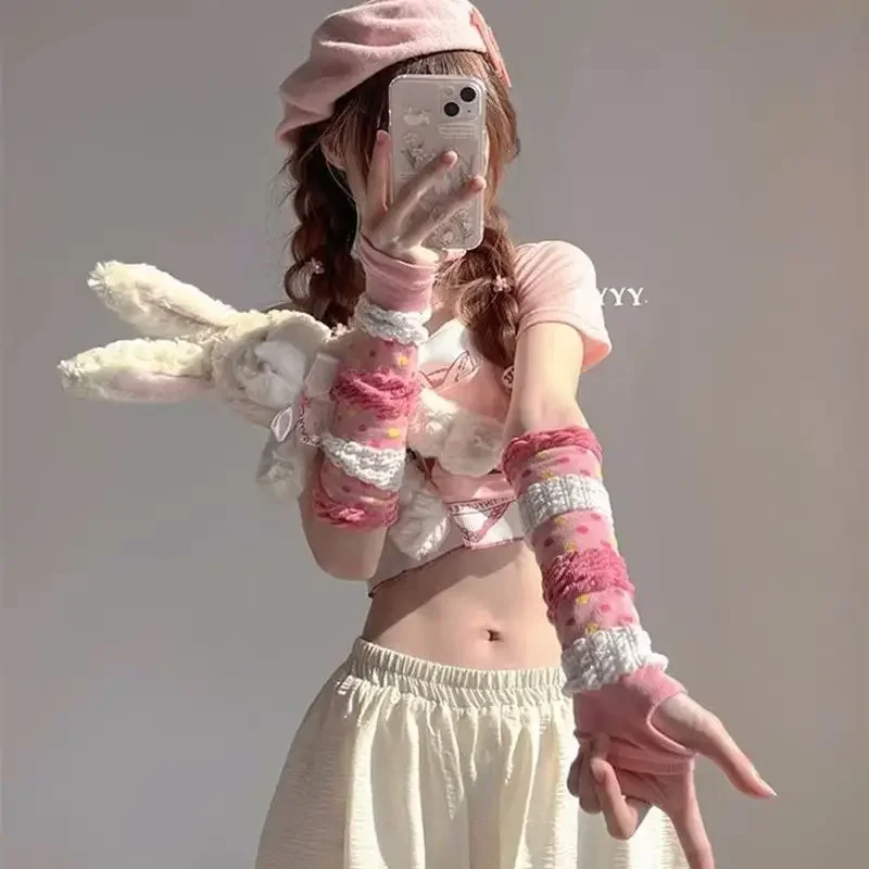 Cute Lolita Pink Long Gloves Kawaii Girls Fluffy Bubble Design Color Dots Sleeves Women Sunscreen Oversleeves Y2k Arm Warmers