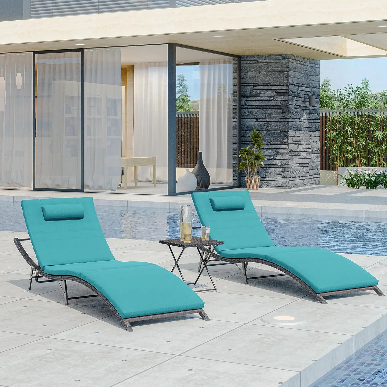 Chaise Lounge Set 3 Pieces Outdoor Rattan Wicker Pool Lounge Chairs w/Adjustable Backrest,Foldable Patio Chaise Lounge