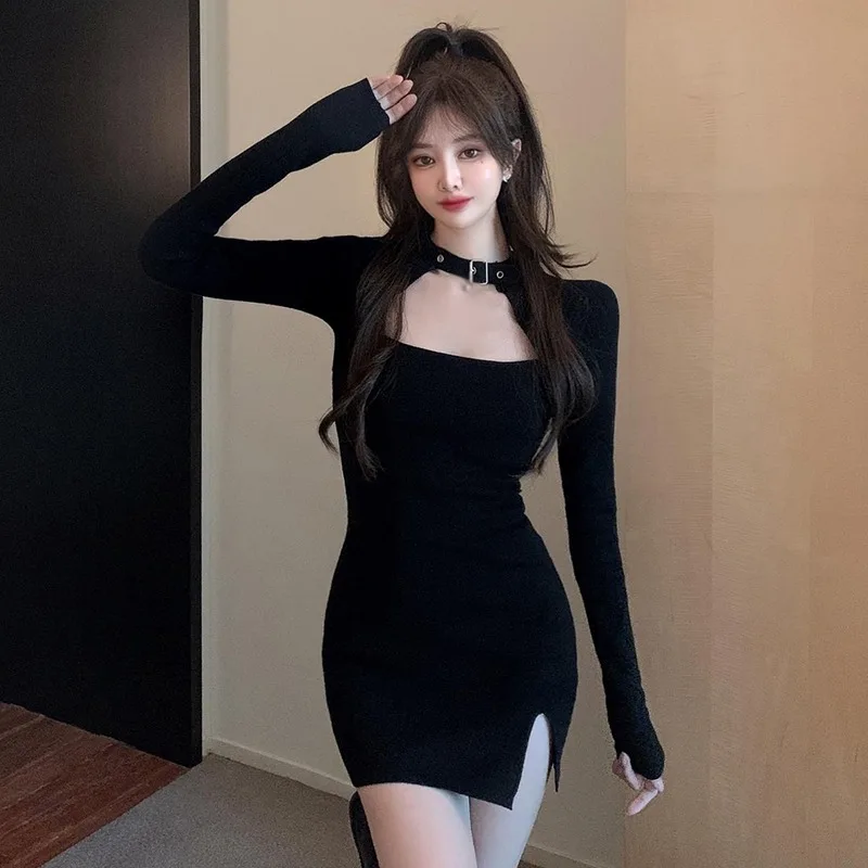 Women Long Sleeve Tight Dress Spring Autumn Square Neck Dress Korean Version Hollow Split Sexy Dress Lady Party Bodycon Dress