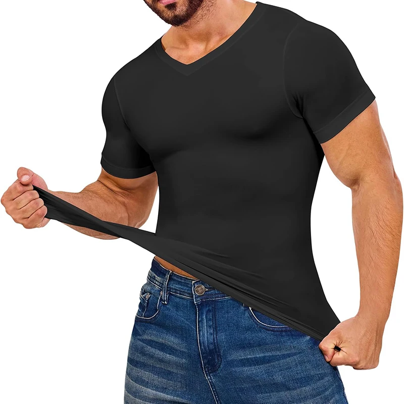 Men Body Shaper V-Neck Compression Shirts Short Sleeved Slimming Undershirt Workout Abs Abdomen Tummy Control Shapewear Tops