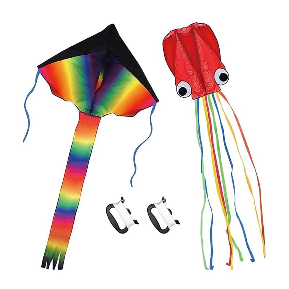 2-piece kite - Large rainbow kite and red mollusk octopus with long colorful tails, perfect for children's outdoor games, activi