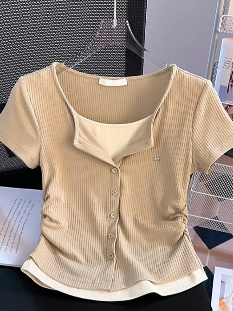 تي شيرت نسائي ort Sve بحاشية مطوية مكون من قطعتين ملون بتصميم Blo صيفي بقصة ضيقة بطول ort مزيج من القطن #2