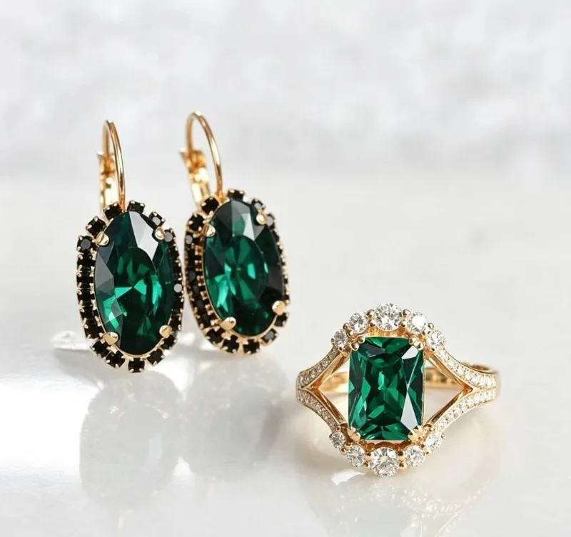 Green Zircon Ring and Earrings Two-Piece Set