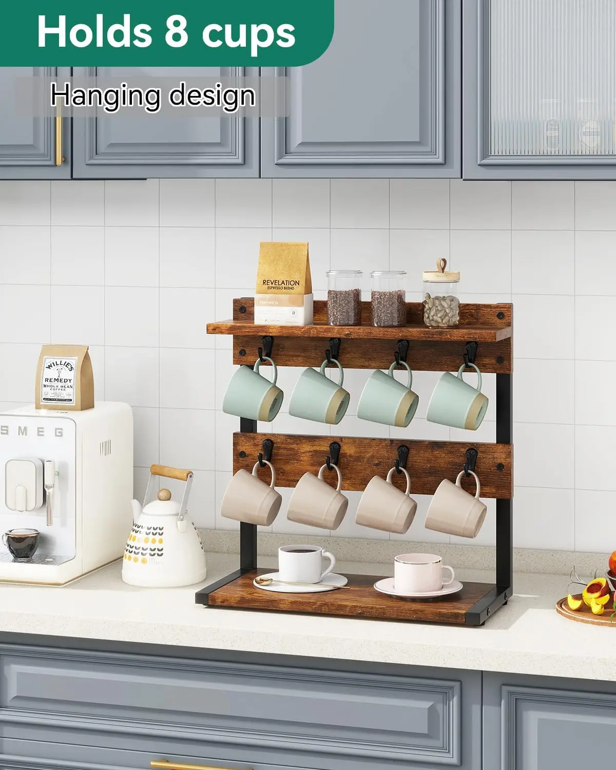 Rustic Coffee Mug Holder Stand, 2 Tier Countertop Mug Tree Holder RackVintage Mug Holders for Kitchen, Holds 8 Mugs