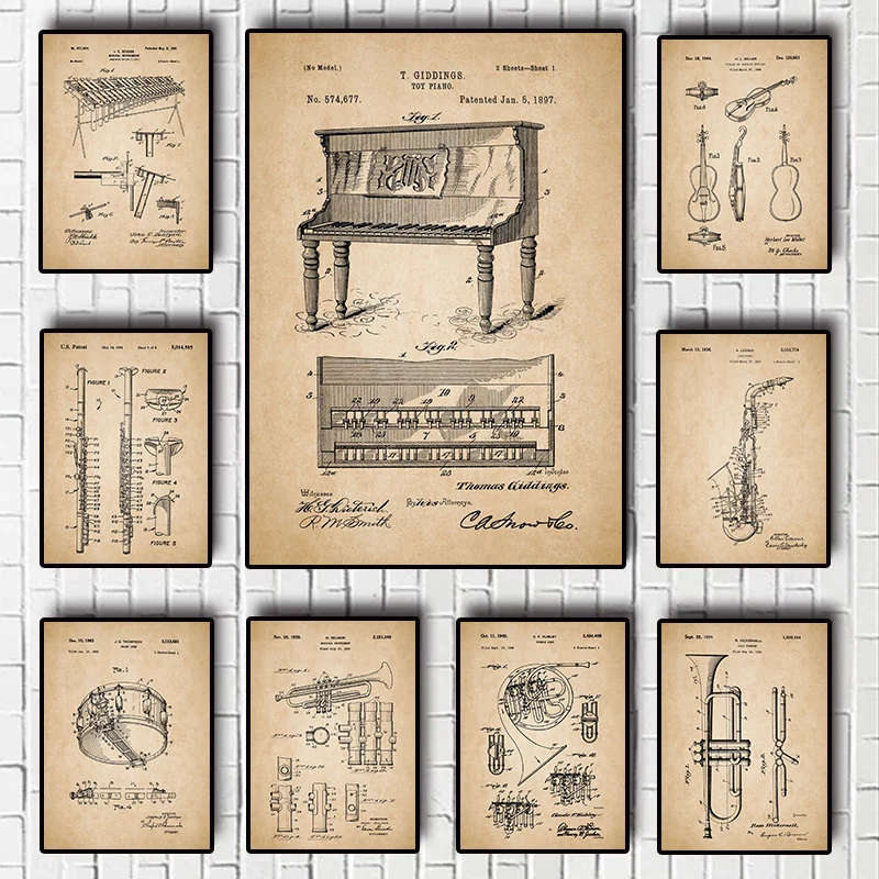 Musical instrument blueprint poster piano stand drum accordion canvas printing wall art decoration hanging painting Home decor